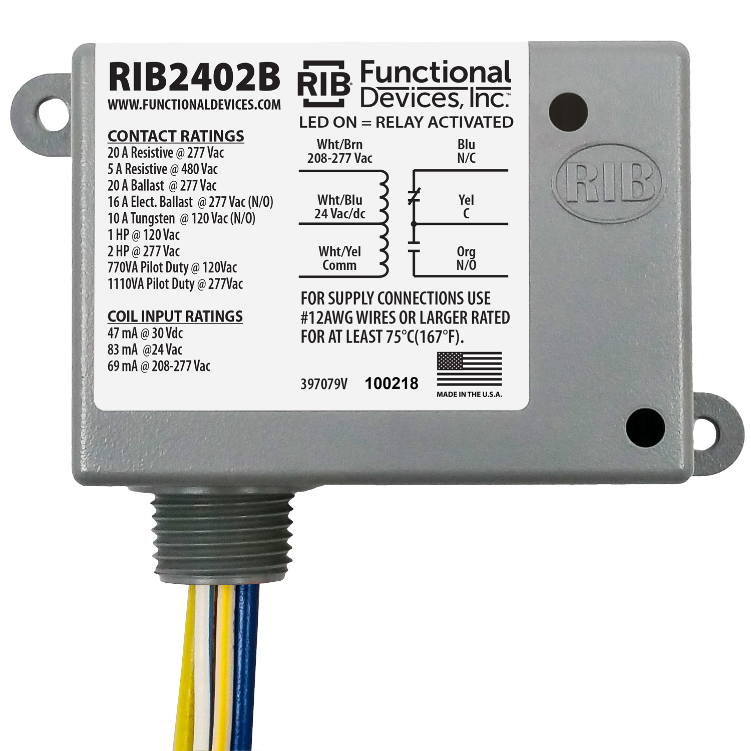 RIB2402B | ENCLOSED RELAY 20AMP SPDT 24VA 24VAC/DC/208-277VAC