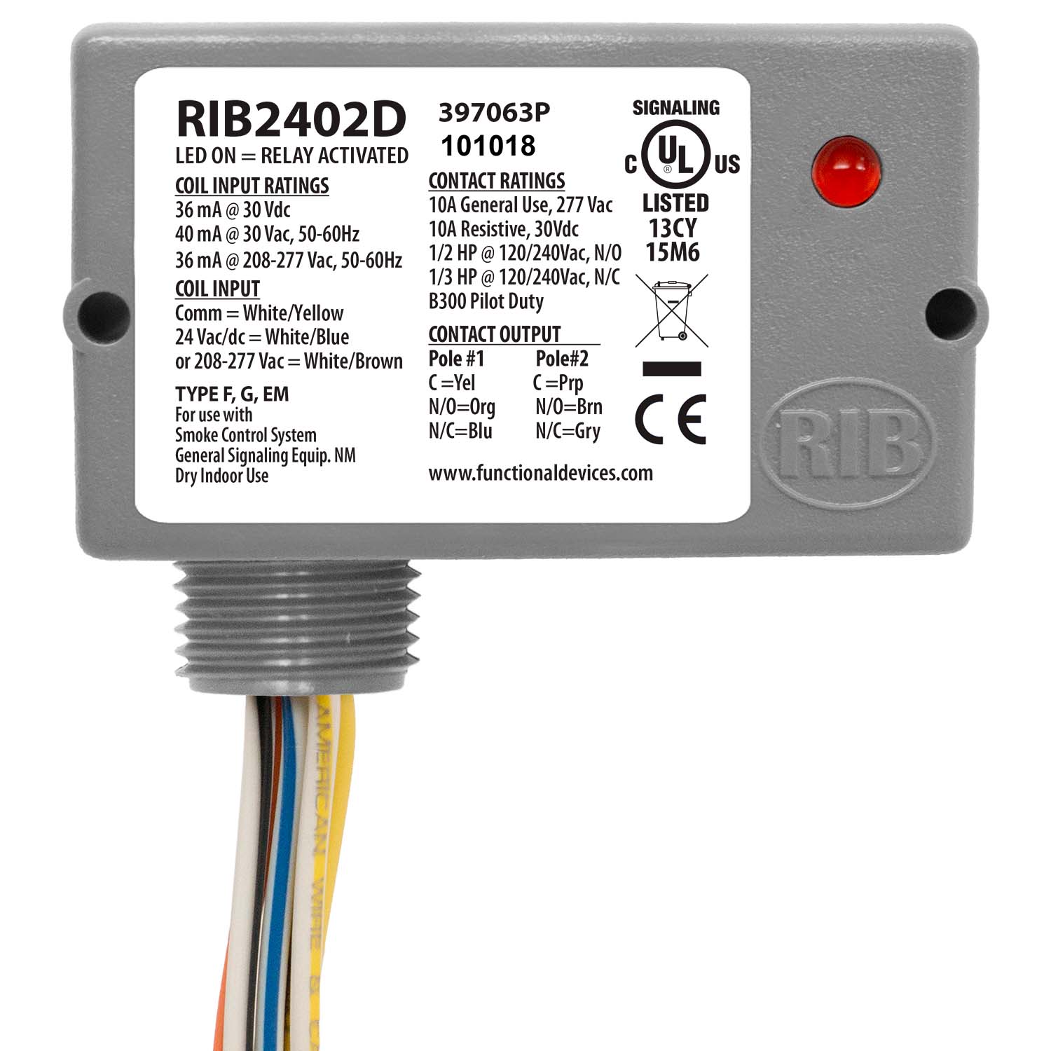 RIB2402D | ENCLOSED RELAY 10AMP DPDT 24VA 24VAC/DC/208-277VAC