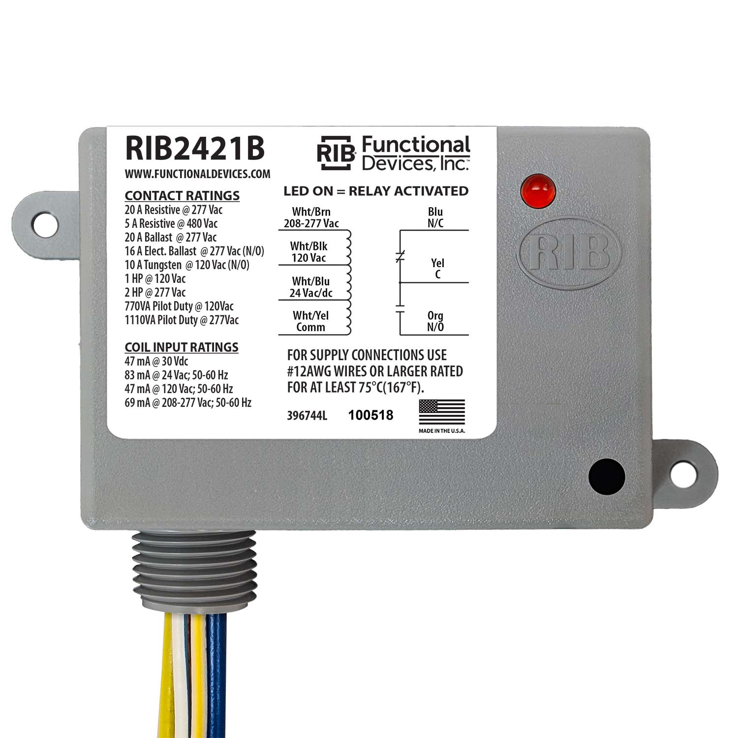 RIB2421B | ENCLOSED RELAY 20AMP SPDT 24VA 24VAC/DC/120VAC/208-277VAC