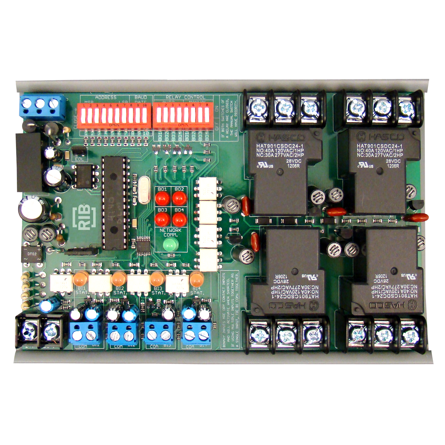 RIBMW24B-44-BC | BACNETÂ® MS/TP NETWORK RELAY DEVICE. 4^ TRACK MOUNT. 4 BO (20 AMP RELAY SPDT+ OVERR 4 BI (DRY CONTACT); 24VAC/DC