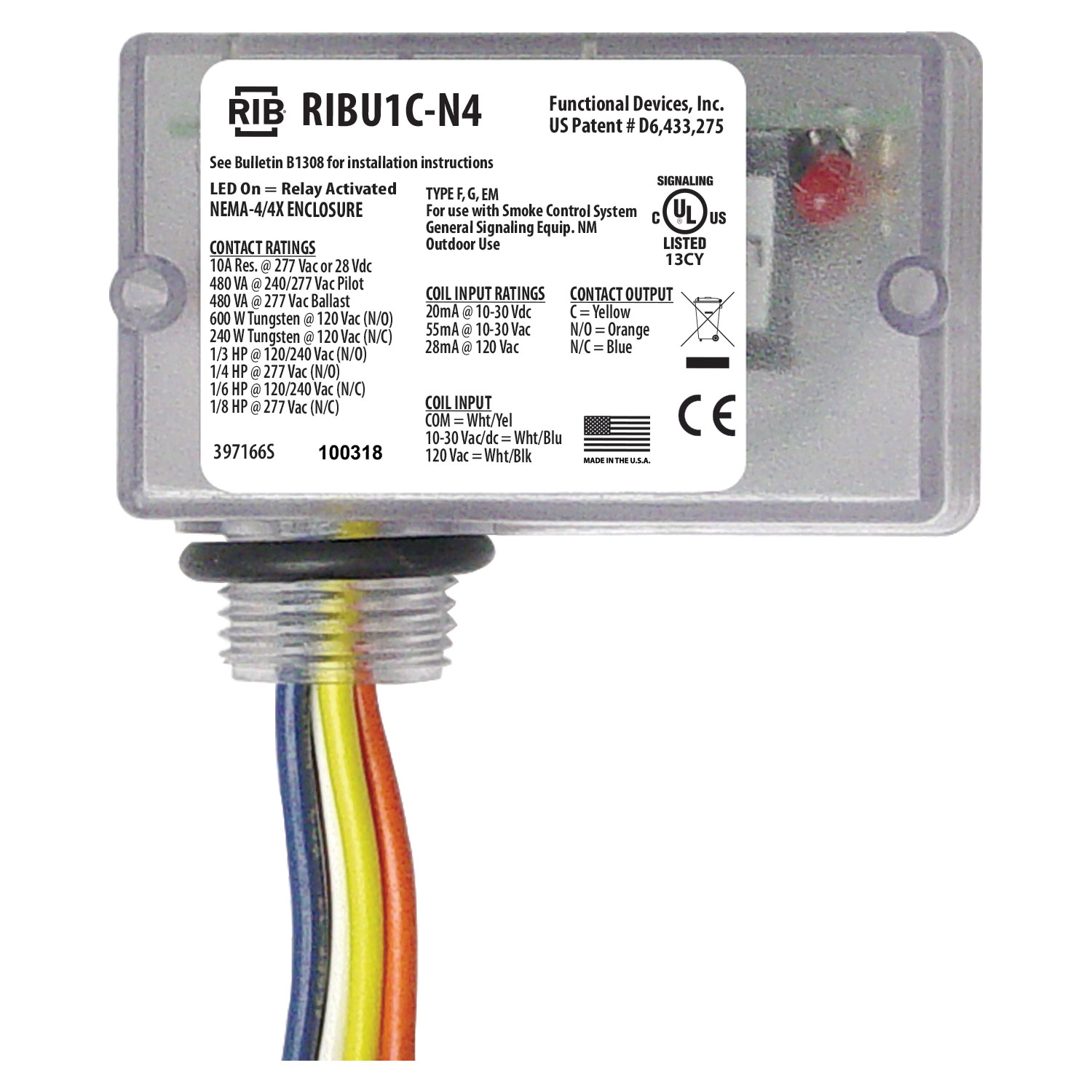 RIBU1C-N4 | ENCLOSED RELAY NEMA4/4X 10AMP 10AMP SPDT 10-30VAC/DC/120VAC