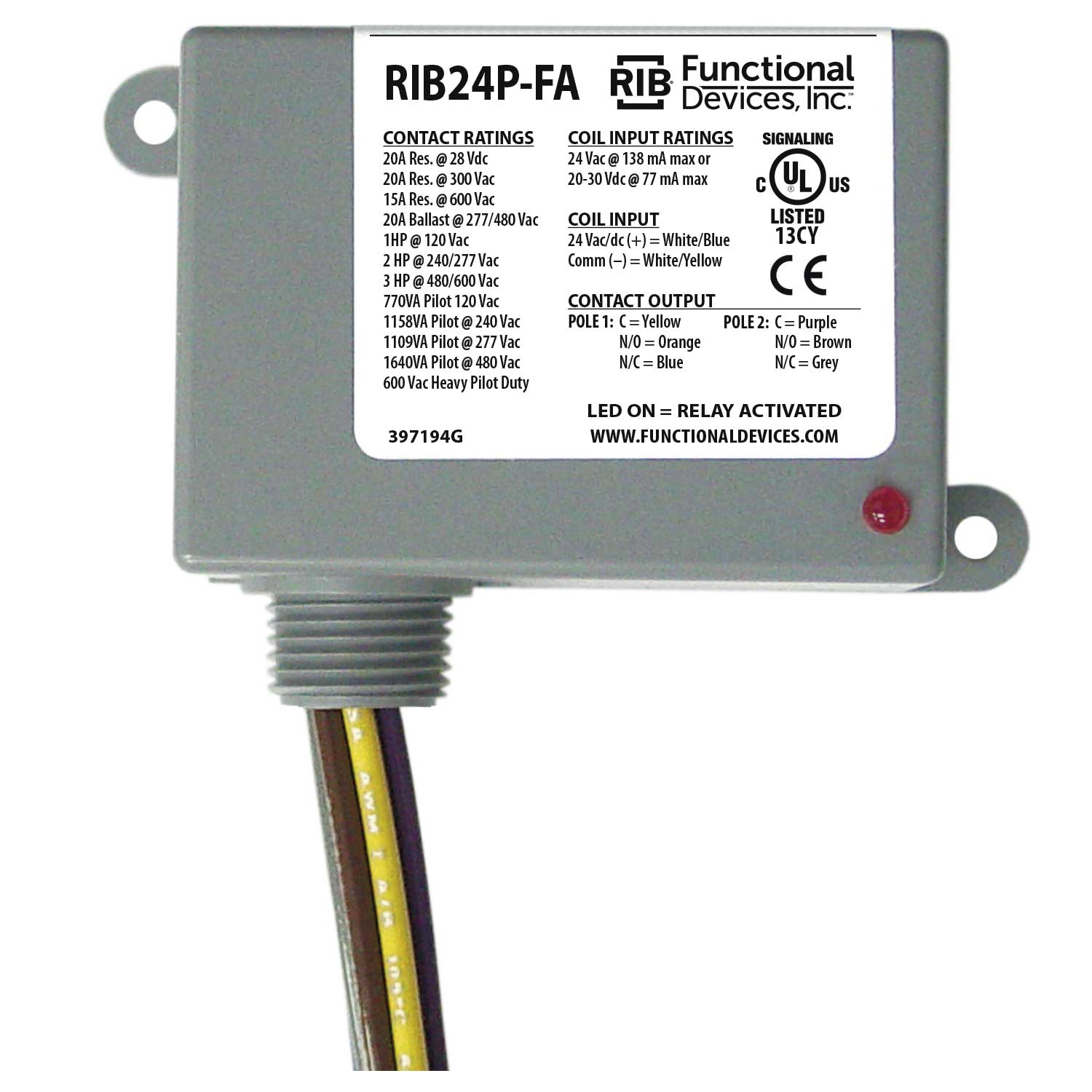 RIB24P-FA | Polarized Relay 20 Amp DPDT 24 Vac/dc Coil NEMA 1 Housing